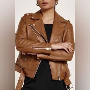 Barneys New York Originals Tan Leather Biker Jacket Womens size 12 Moto Chic Zip